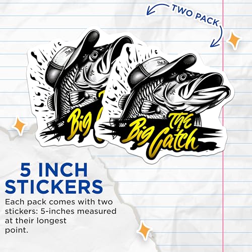 (2 Pack) Fishing Stickers - Big Catch Stickers - Fish Hat Stickers - 5" On Longest Side - Sticks to Any Smooth Flat Surface - Made in USA - BMCS3586