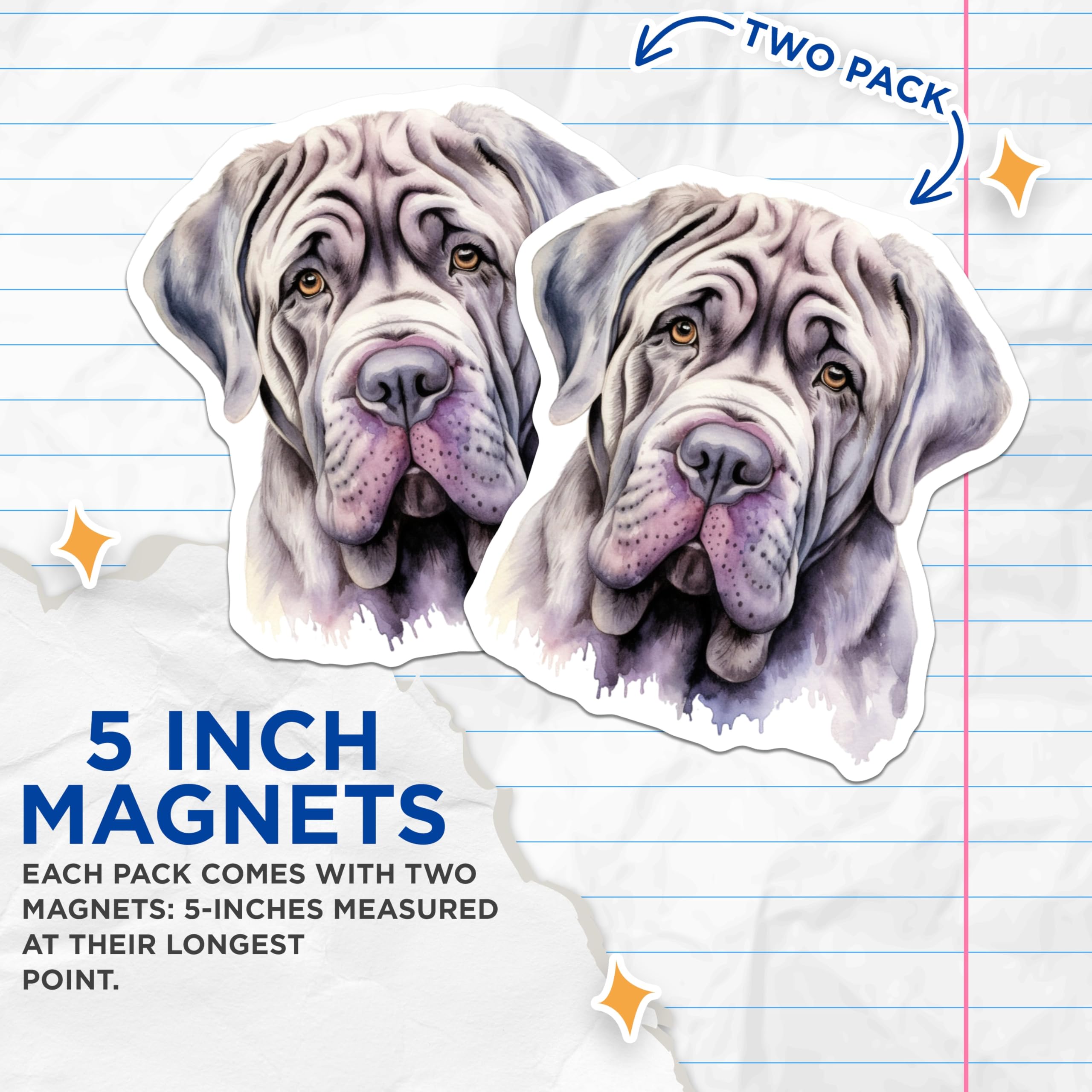 (2 Pack) Neapolitan Mastiff Magnets - Watercolor Dog Art - Pet Owner Decor - 5 Inches On Longest Side - Thick Durable Magnet - Made in USA - MAG29190