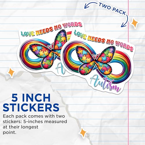 (2 Pack) Autism Awareness Stickers - Love Needs No Words Stickers - Puzzle Piece Butterfly Stickers - 5" On Longest Side - Sticks to Any Smooth Flat Surface - Made in USA - BMCS3209