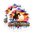 (2 Pack) Sunsets and Saddles Stickers - Western Art Decal - Cowboy Riding Horse Sticker - 5" On Longest Side - Sticks to Smooth Flat Surfaces - Made in USA - BMCS6881