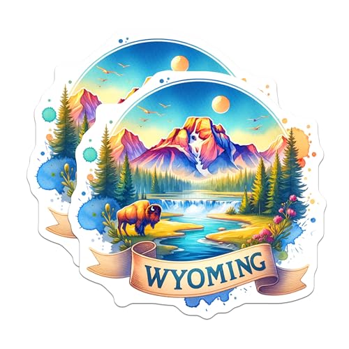 (2 Pack) Wyoming Stickers - Wildlife Art - Nature Scenery - Travel Destination - Adventure Decal - Mountain Landscape - 5" On Longest Side - Sticks to Smooth Flat Surfaces - Made in USA - BMCS6643