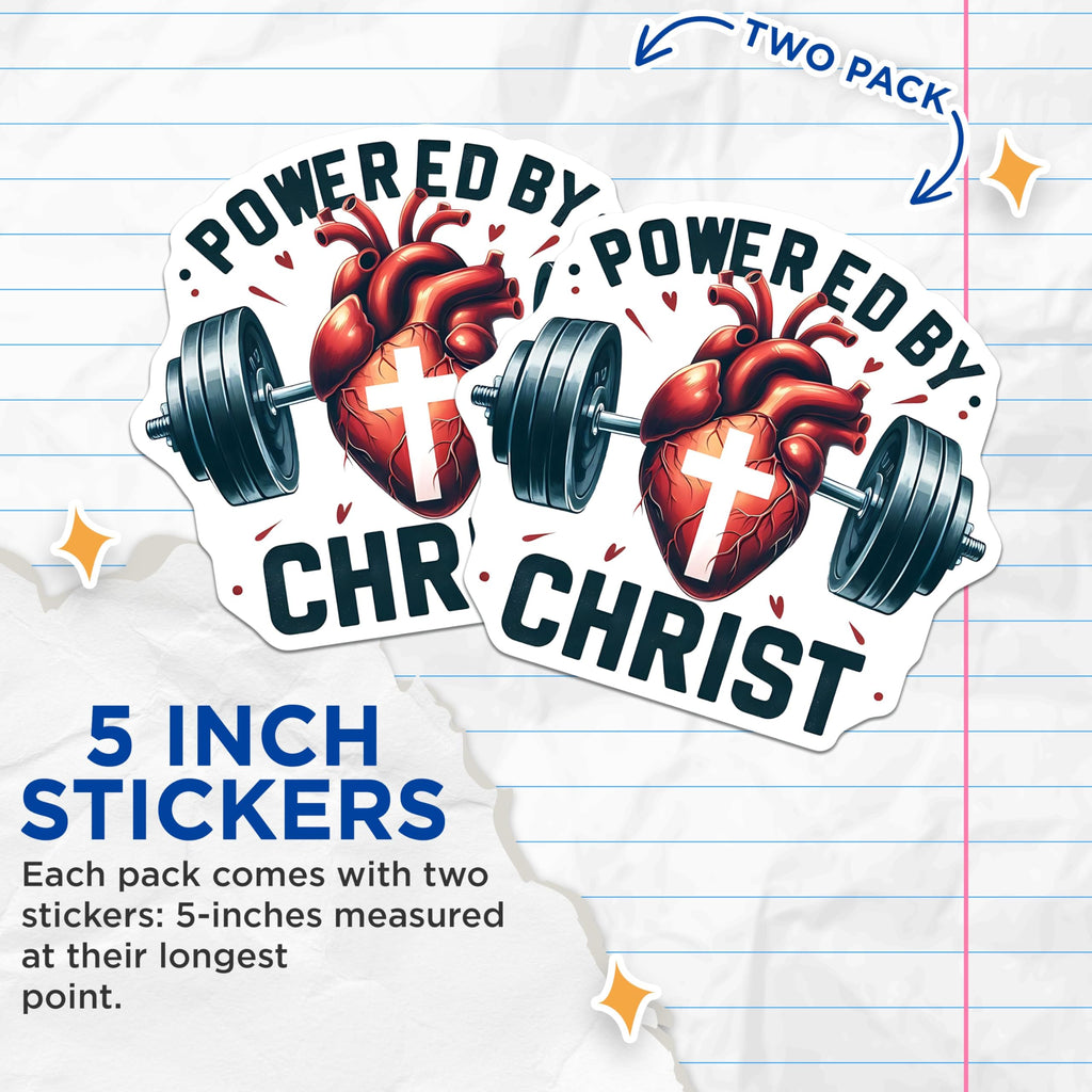 (2 Pack) Powered by Christ Stickers - Christian Faith - Workout Motivation - 5" On Longest Side - Sticks to Smooth Flat Surfaces - Made in USA - BMCS9650
