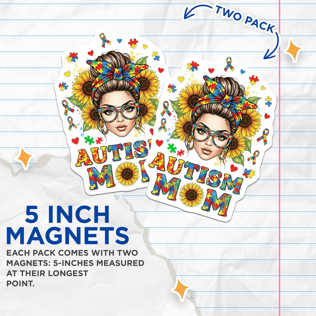 (2 Pack) Autism Mom Magnets - Sunflower Puzzle Piece Design - Awareness Supporter Display - 5 Inches On Longest Side - Thick Durable Magnet - Made in USA - MAG20524