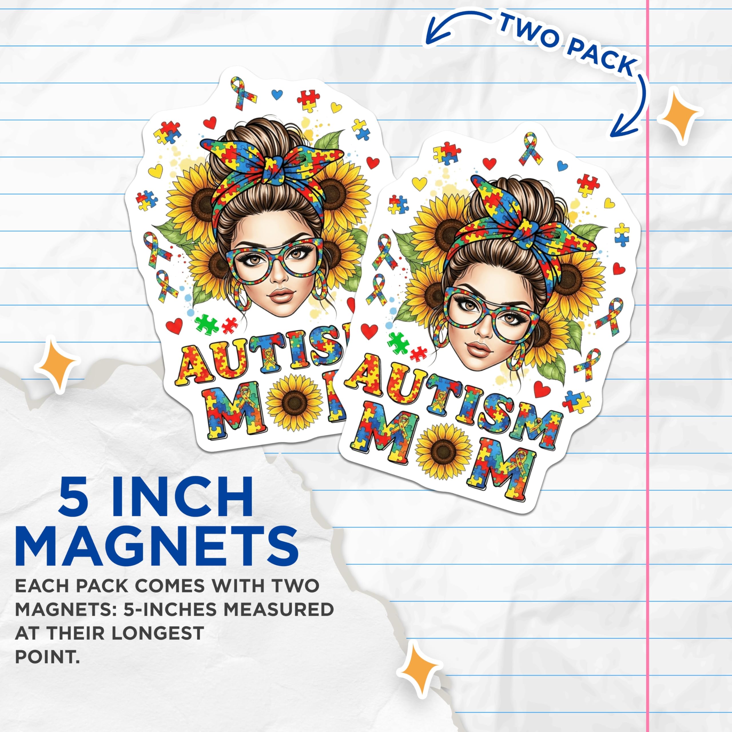 (2 Pack) Autism Mom Magnets - Sunflower Puzzle Piece Design - Awareness Supporter Display - 5 Inches On Longest Side - Thick Durable Magnet - Made in USA - MAG20524