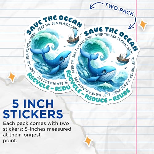 (2 Pack) Save The Ocean Stickers - Recycle Reduce Reuse - Keep The Sea Plastic-Free - 5" On Longest Side - Sticks to Smooth Flat Surfaces - Made in USA - BMCS7956