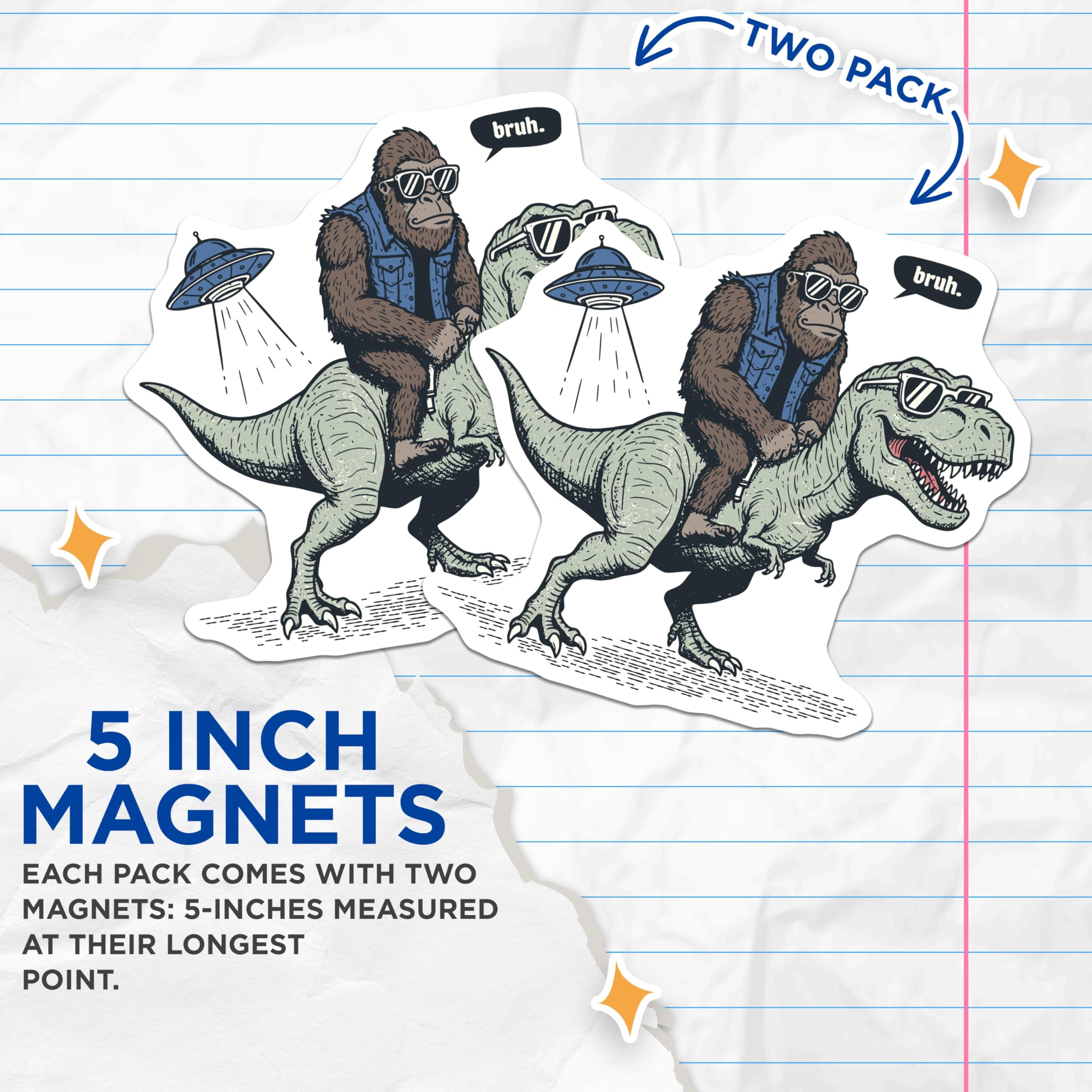 (2 Pack) Gorilla Riding T Rex Magnets - Funny Bruh Meme - Cool Dinosaur Alien UFO - 5 Inches On Longest Side - Thick Durable Magnet - Made in USA - MAG21011