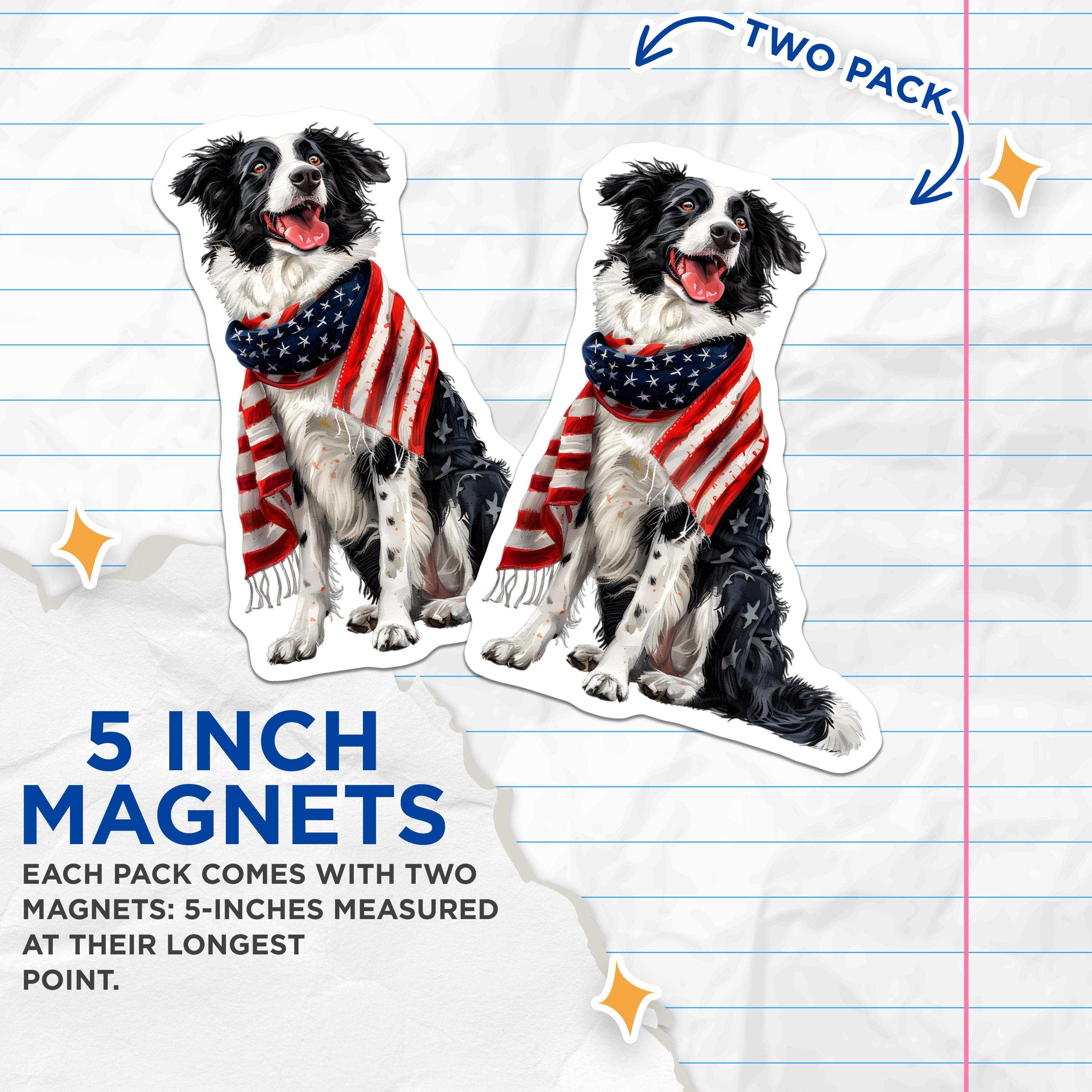 (2 Pack) Border Collie American Flag Magnets - Patriotic Dog Lover Decor - USA Pride Pet Art - Memorial Day - 5 Inches On Longest Side - Thick Durable Magnet - Made in USA - MAG37125