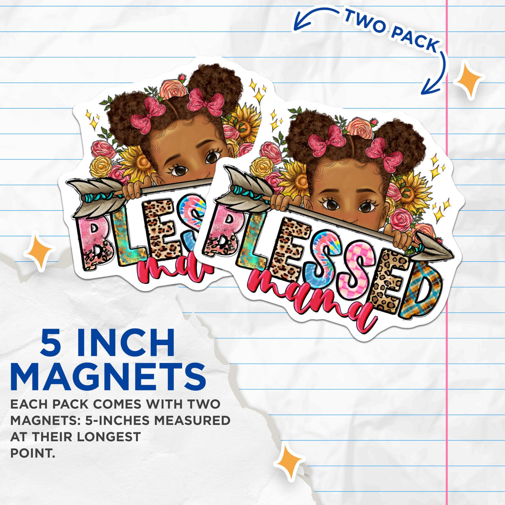 (2 Pack) Blessed Mama Magnets - Cute Afro Puff Mom Decor - Bohemian Motherhood Accent - 5 Inches On Longest Side - Thick Durable Magnet - Made in USA - MAG30215