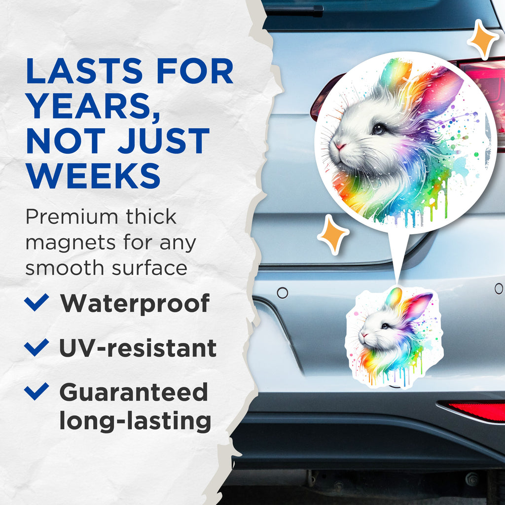 (2 Pack) Rainbow Bunny Magnets - Watercolor Rabbit Art - Cute Fridge Magnets - 5 Inches On Longest Side - Thick Durable Magnet - Made in USA - MAG37970