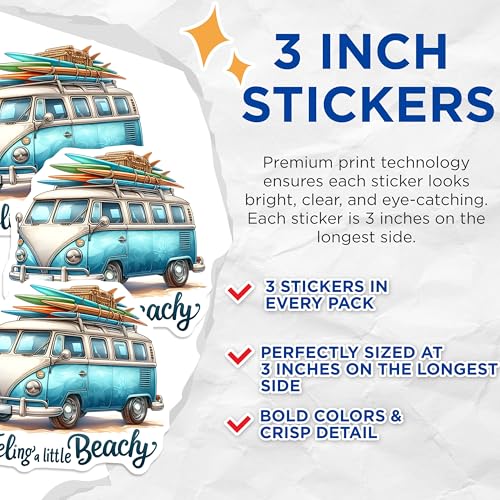(3 Pack) Beach Van Decals - Surfboard Van - Feeling Beachy - 3 Inches On Longest Side - Easy Peel & Apply - Made in USA - 3MCS8045