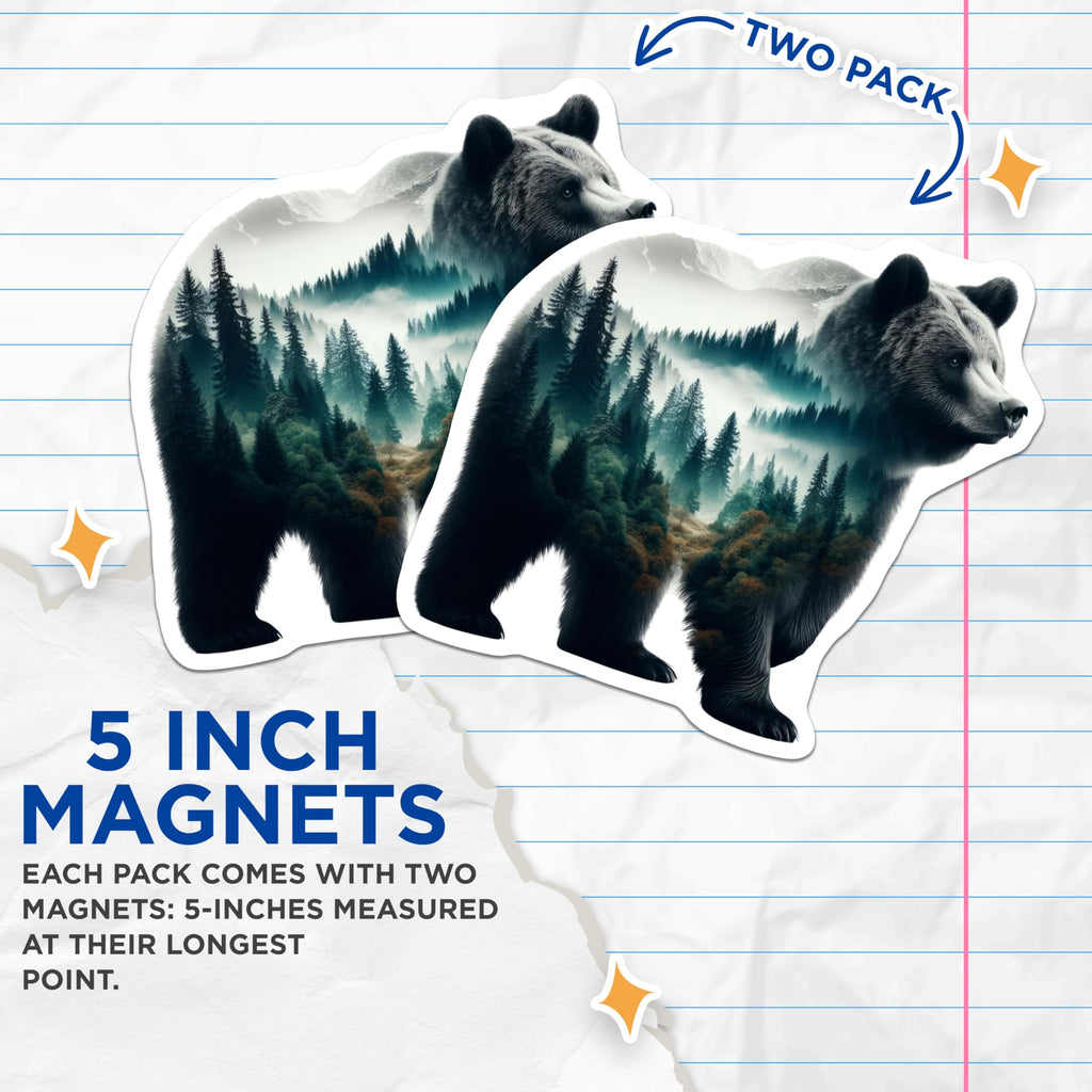 (2 Pack) Bear Magnets - Forest Landscape - Nature Inspired Fridge Home Decor - 5" On Longest Side - Premium Magnet - for Cars, Refrigerators, Toolboxes, Lockers - Made in USA - MAG16256