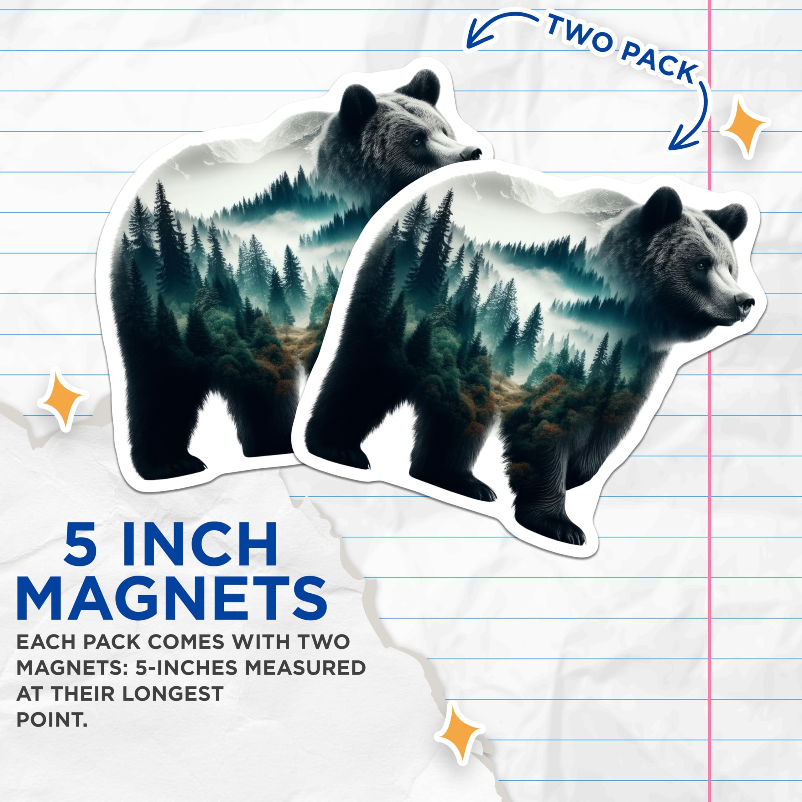 (2 Pack) Bear Magnets - Forest Landscape - Nature Inspired Fridge Home Decor - 5" On Longest Side - Premium Magnet - for Cars, Refrigerators, Toolboxes, Lockers - Made in USA - MAG16256
