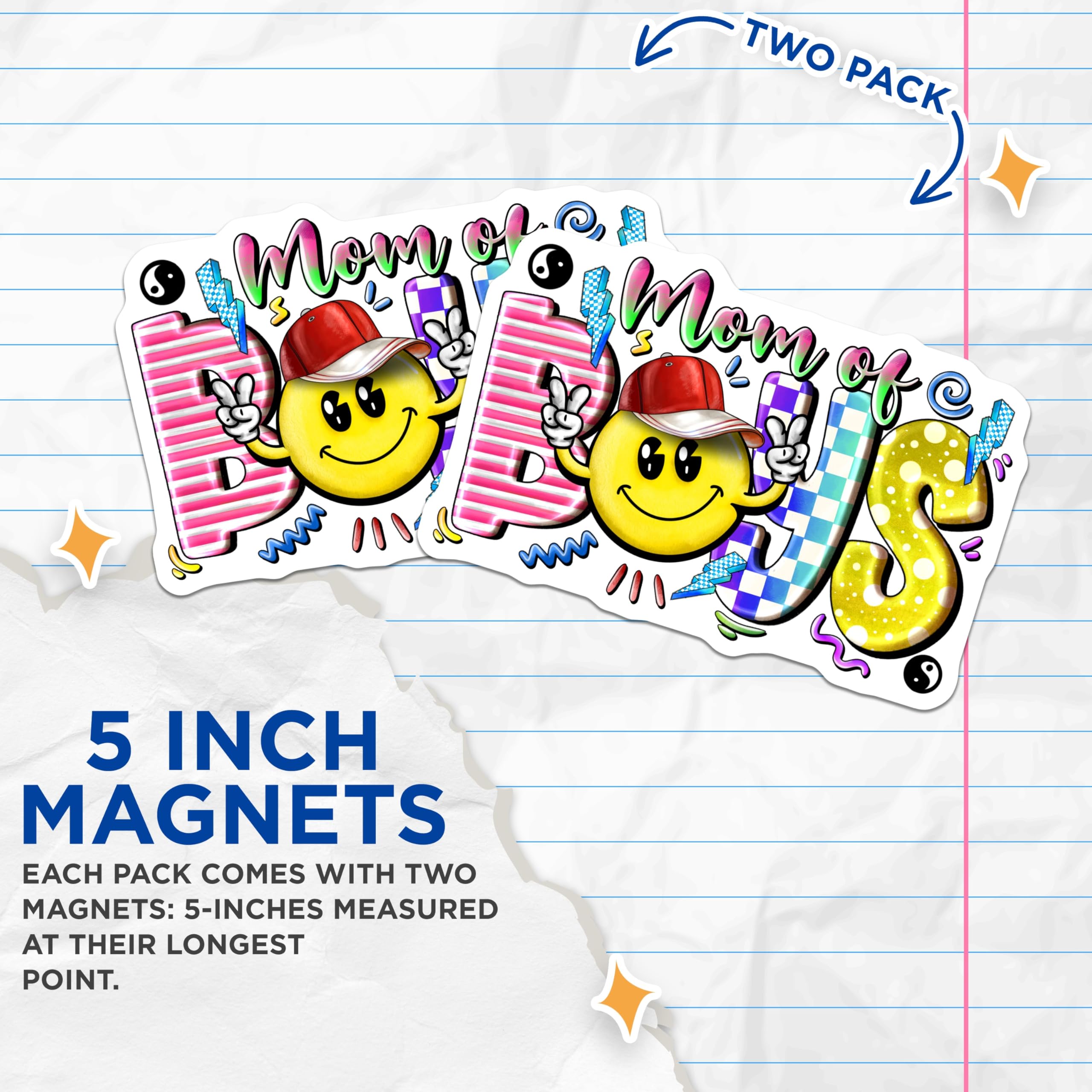 (2 Pack) Mom of Boys Magnets - Retro Smiley Face Decor - Groovy Peace Sign Mama - Colorful Boy Mom Pride Decal - 5 Inches On Longest Side - Thick Durable Magnet - Made in USA - MAG24313