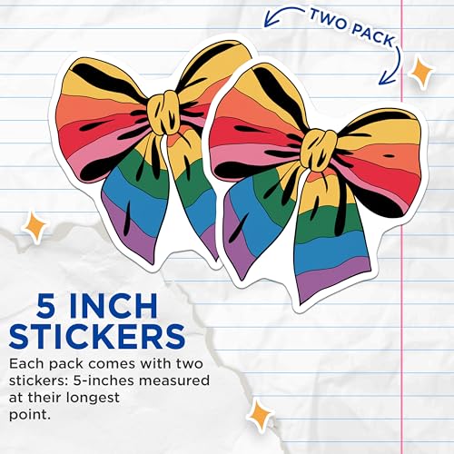 (2 Pack) Rainbow Bow Stickers - Colorful Bow Decal - Vibrant Bow Adhesive - 5" On Longest Side - Sticks to Smooth Flat Surfaces - Made in USA - BMCS8809