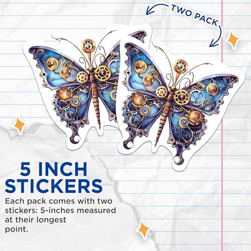 (2 Packs) Steampunk Butterfly Stickers - Aesthetic Gothic Steampunk Decals - 5 Inches On Longest Side - Premium Vinyl Decal - Sticks to Any Smooth Flat Surface - Made in USA - BMCS2326