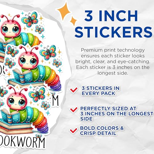 (3 Pack) Bookworm Decals - Reading Caterpillar - Colorful Butterflies - 3 Inches On Longest Side - Easy Peel & Apply - Made in USA - 3MCS1571