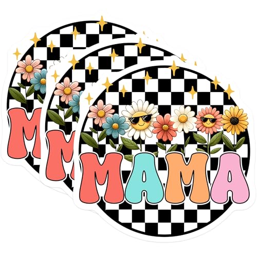 (3 Pack) Mama Flower Decals - Retro Mama Sticker - Checkered Mama Laptop Decals - 3 Inches On Longest Side - Easy Peel & Apply - Made in USA - 3MCS6948