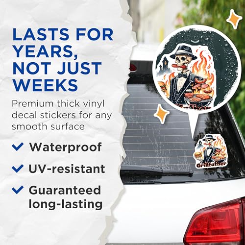 (2 Pack) Grillfather Funny BBQ Stickers - Skeleton Chef - Grill Master Humor - Barbecue King - Outdoor Grilling Fun - 5" On Longest Side - Sticks to Smooth Flat Surfaces - Made in USA - BMCS7456