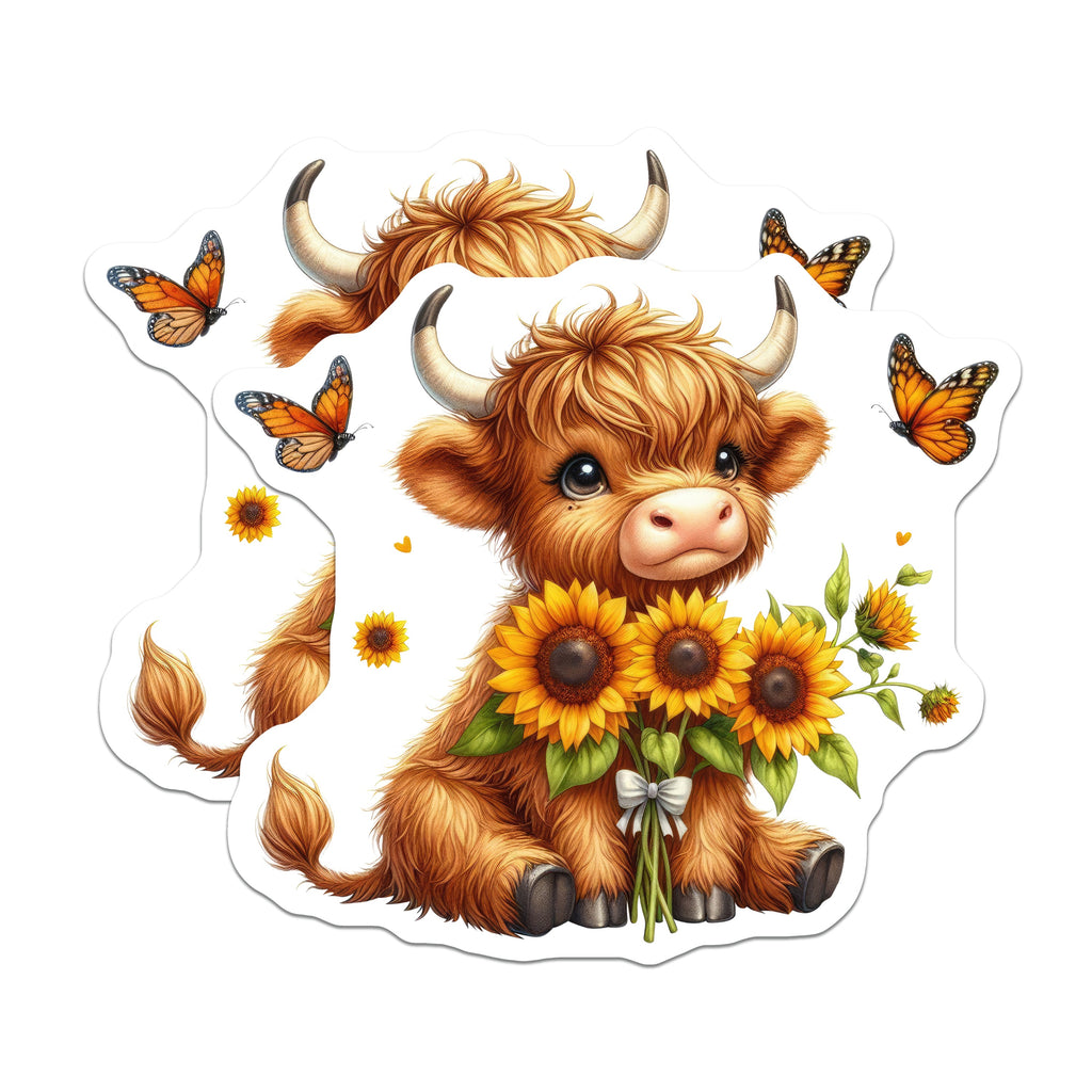 (2 Pack) Cute Highland Cow Magnets - Sunflower Farm Animal Decor - Kawaii Fridge Locker Refrigerator - 5 Inches On Longest Side - Thick Durable Magnet - Made in USA - MAG39145
