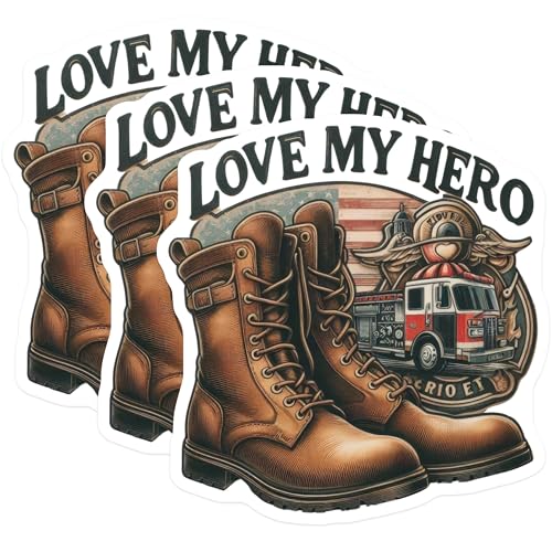 (3 Pack) Firefighter Decals - Love My Hero Decal - Fireman Boots Decal - 3 Inches On Longest Side - Easy Peel & Apply - Made in USA - 3MCS6018