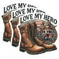 (3 Pack) Firefighter Decals - Love My Hero Decal - Fireman Boots Decal - 3 Inches On Longest Side - Easy Peel & Apply - Made in USA - 3MCS6018