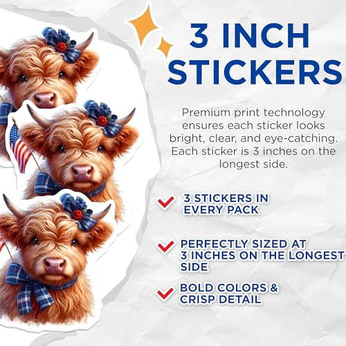 (3 Pack) Highland Cow Decals - American Flag - Plaid Bows - Laptop Decal- 3 Inches On Longest Side - Easy Peel & Apply - Made in USA - 3MCS5111