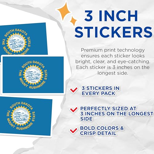 (3 Pack) South Dakota Flag Decals - State Pride - Laptop Decal - 3 Inches On Longest Side - Easy Peel & Apply - Made in USA - 3MCS0213