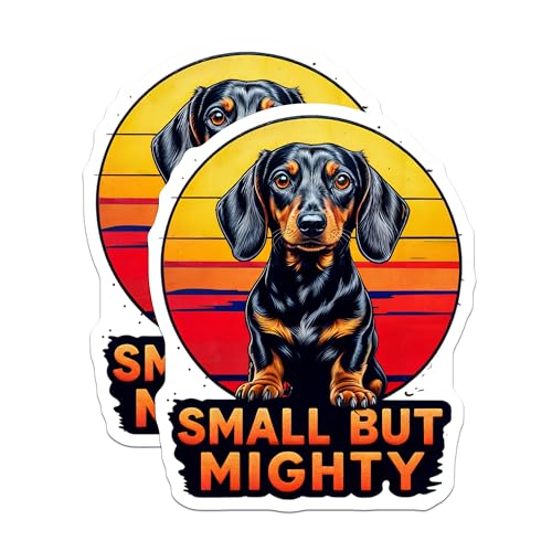 (2 Pack) Small But Mighty Stickers - Cute Dachshund Decals - Dog Lover Vinyl Sticker - 5" On Longest Side - Sticks to Smooth Flat Surfaces - Made in USA - BMCS4638