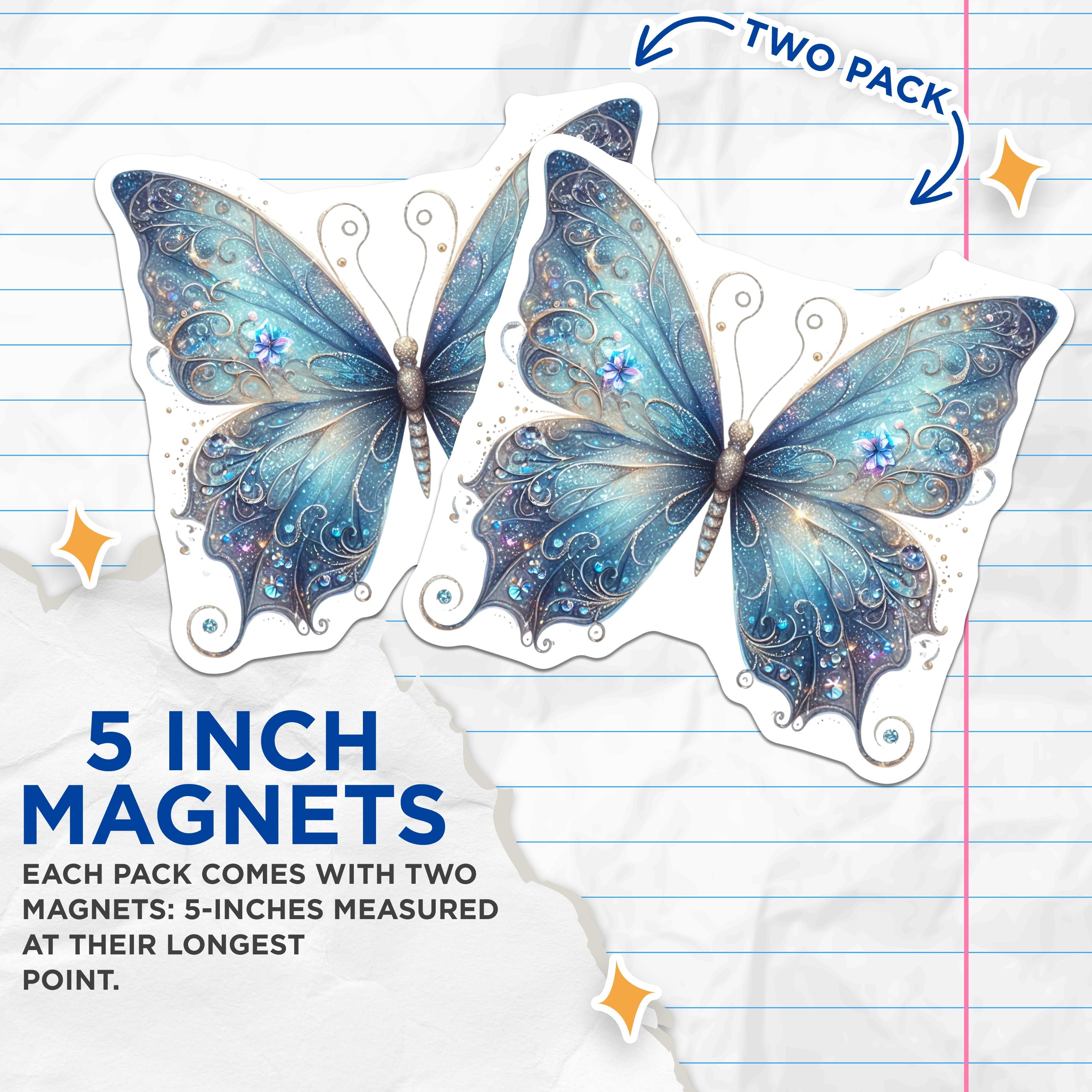 (2 Pack) Glitter Butterfly Magnets - Fairy Decor - Refrigerator Art - 5 Inches On Longest Side - Thick Durable Magnet - Made in USA - MAG36006