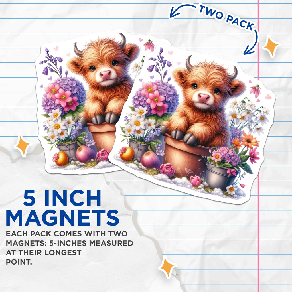 (2 Pack) Highland Cow Magnets - Cute Calf Magnets - Floral Decor Magnets - 5" On Longest Side - Premium Magnet - for Cars, Refrigerators, Toolboxes, Lockers - Made in USA - MAG14048