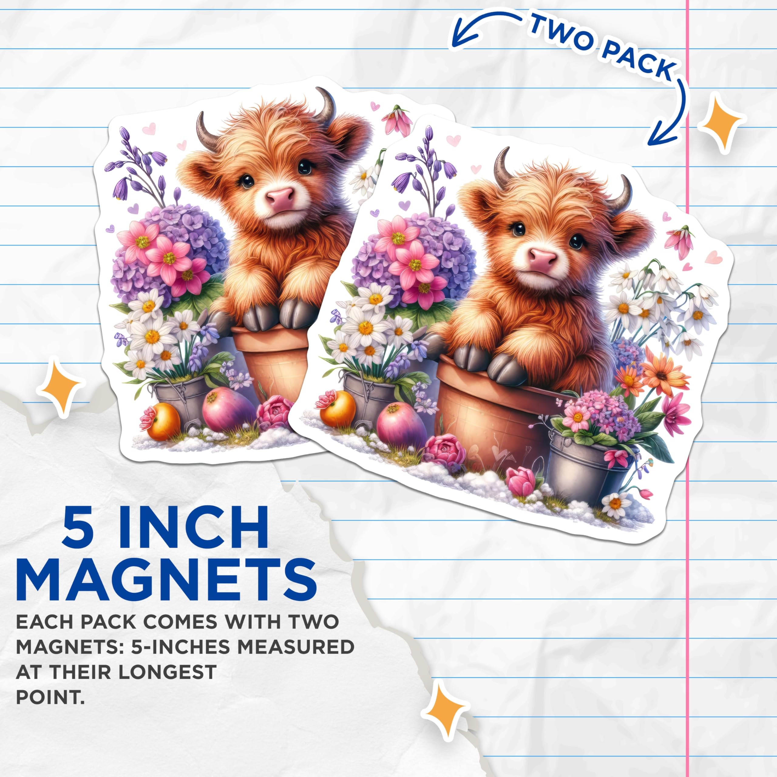(2 Pack) Highland Cow Magnets - Cute Calf Magnets - Floral Decor Magnets - 5" On Longest Side - Premium Magnet - for Cars, Refrigerators, Toolboxes, Lockers - Made in USA - MAG14048