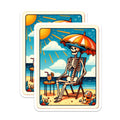 (2 Pack) Skeleton Beach Magnets - Relaxing Summer Vacation Skull Decor - Humorous Ocean Scene Refrigerator Art - 5 Inches On Longest Side - Thick Durable Magnet - Made in USA - MAG22557
