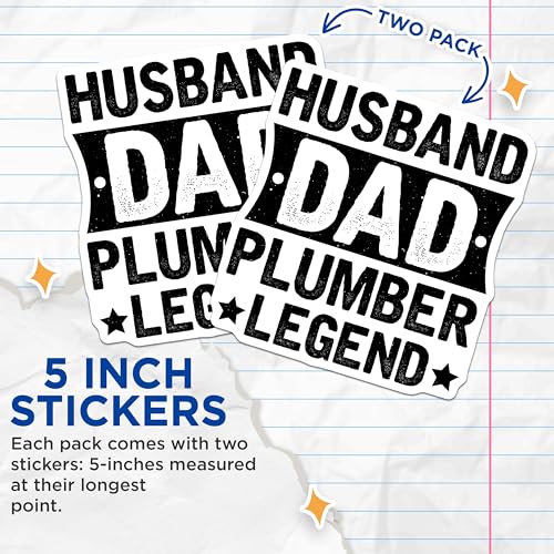 (2 Pack) Husband Dad Plumber Legend Stickers - Funny Quote Stickers - Father's Day Stickers - Black and White Stickers - 5" On Longest Side - Sticks to Smooth Flat Surfaces - Made in USA - BMCS6159