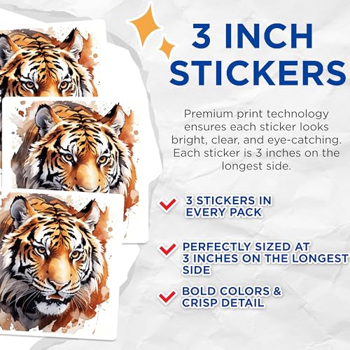 (3 Pack) Tiger Decals - Watercolor Tiger - Laptop Decals - 3 Inches On Longest Side - Easy Peel & Apply - Made in USA - 3MCS7471