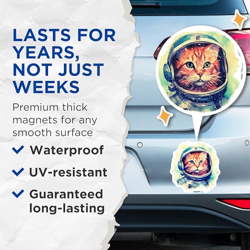 (2 Pack) Space Cat Magnets - Astronaut Cat Magnets - Whimsical Cat Decor Magnets - 5" On Longest Side - for Cars, Refrigerators, Toolboxes, Lockers - Made in USA MAG3608