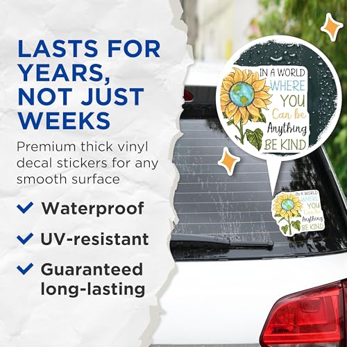 (2 Pack) Be Kind Sunflower Earth Stickers - Inspirational Quote Stickers - Motivational Message Stickers - 5" On Longest Side - Sticks to Smooth Flat Surfaces - Made in USA - BMCS4196