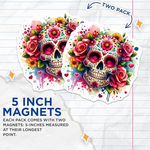 (2 Pack) Day of The Dead Skull Magnets Magnets - Sugar Skull Decor - 5" On Longest Side - Made in USA - Sticks to Refrigerators & Metal Surfaces - MAG9249