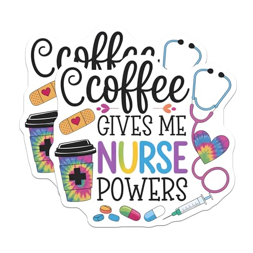 (2 Pack) Coffee Gives Me Nurse Powers Stickers - Nurse Appreciation - Healthcare Worker Vinyl Stickers - 5" On Longest Side - Sticks to Smooth Flat Surfaces - Made in USA - BMCS7152