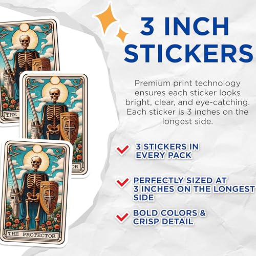(3 Pack) Tarot Card Decals - The Protector - Skeleton Laptop Decal - 3 Inches On Longest Side - Easy Peel & Apply - Made in USA - 3MCS4250