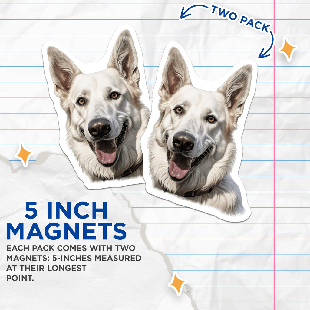 (2 Pack) White German Shepherd Dog Magnets - GSD Lover Decor - Animal Pet Portrait Art - 5 Inches On Longest Side - Thick Durable Magnet - Made in USA - MAG29009
