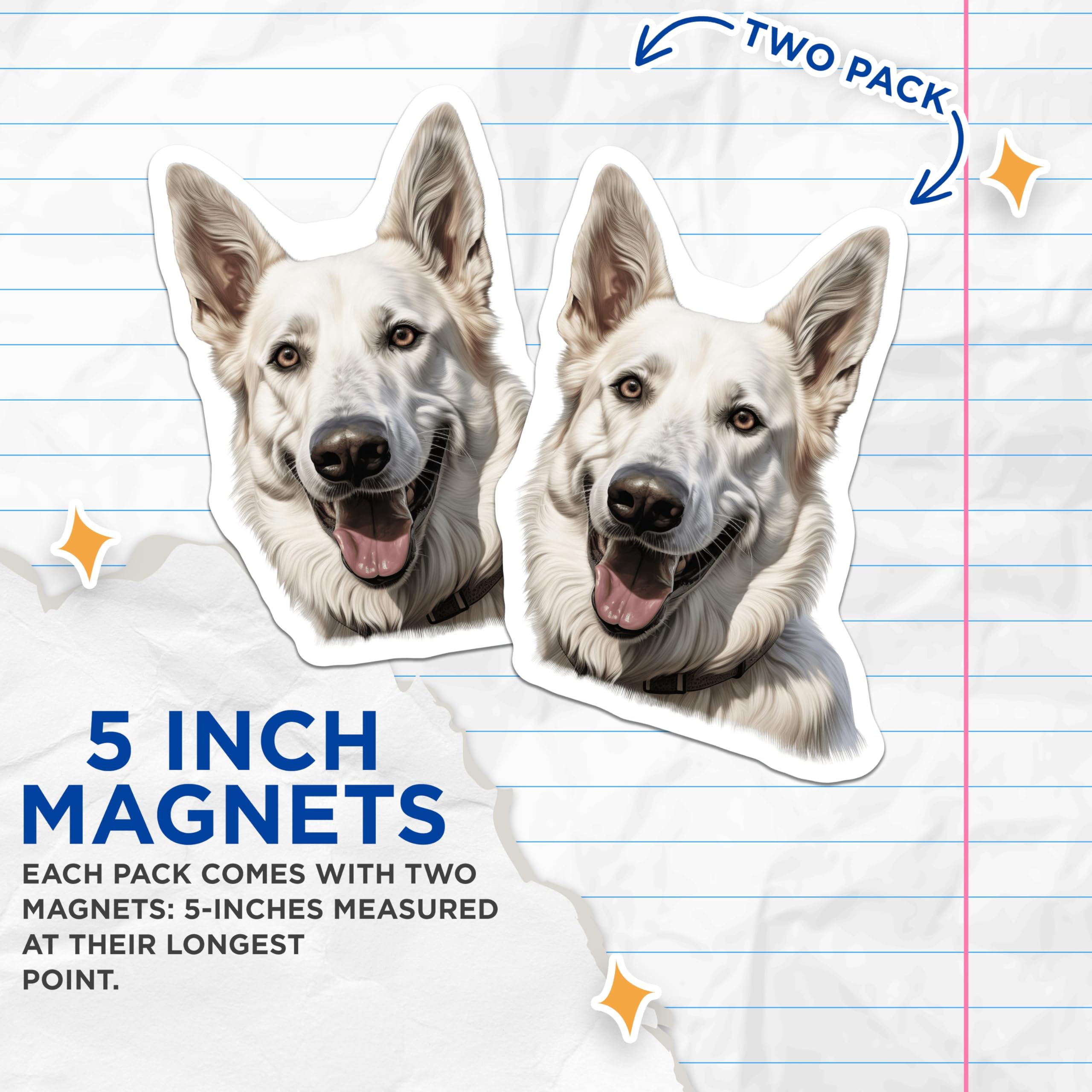 (2 Pack) White German Shepherd Dog Magnets - GSD Lover Decor - Animal Pet Portrait Art - 5 Inches On Longest Side - Thick Durable Magnet - Made in USA - MAG29009