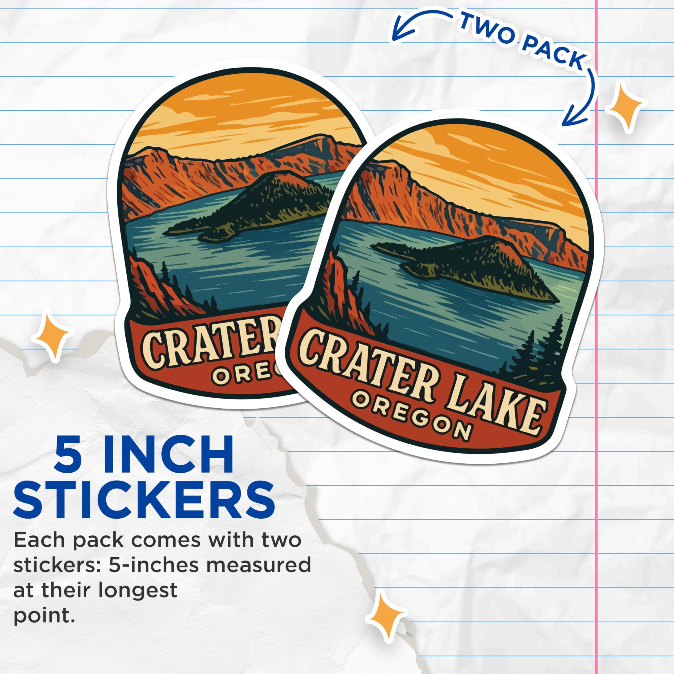 (2 Pack) Crater Lake Oregon Stickers - National Park Adventure - Vintage Travel Decal - 5" On Longest Side - Sticks to Smooth Flat Surfaces - Made in USA - BMCS20144