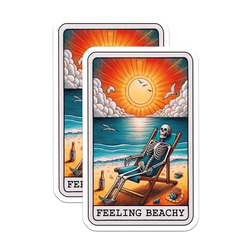 (2 Pack) Feeling Beachy Stickers - Skeleton on Beach Stickers - Summer Vibes Stickers - 5" On Longest Side - Sticks to Smooth Flat Surfaces - Made in USA - BMCS4864