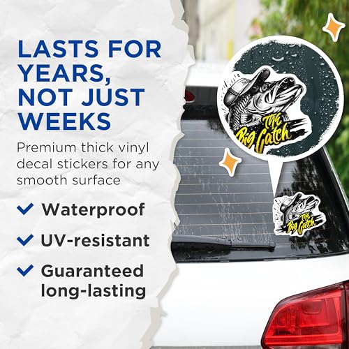 (2 Pack) Fishing Stickers - Big Catch Stickers - Fish Hat Stickers - 5" On Longest Side - Sticks to Any Smooth Flat Surface - Made in USA - BMCS3586
