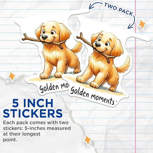 (2 Pack) Golden Moments Dog Stickers - Cute Dog Sticker - Golden Retriever Sticker for Laptop Water Bottle Planner - 5" On Longest Side - Sticks to Smooth Flat Surfaces - Made in USA - BMCS3624