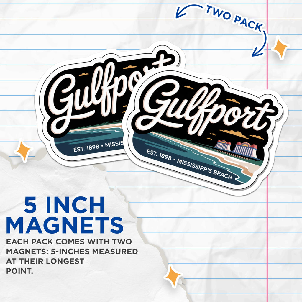(2 Pack) Gulfport Mississippi Magnets - Mississippi Beach Souvenir - Travel Fridge Decor - 5" On Longest Side - Premium Magnet - for Cars, Refrigerators, Toolboxes, Lockers - Made in USA - MAG17412