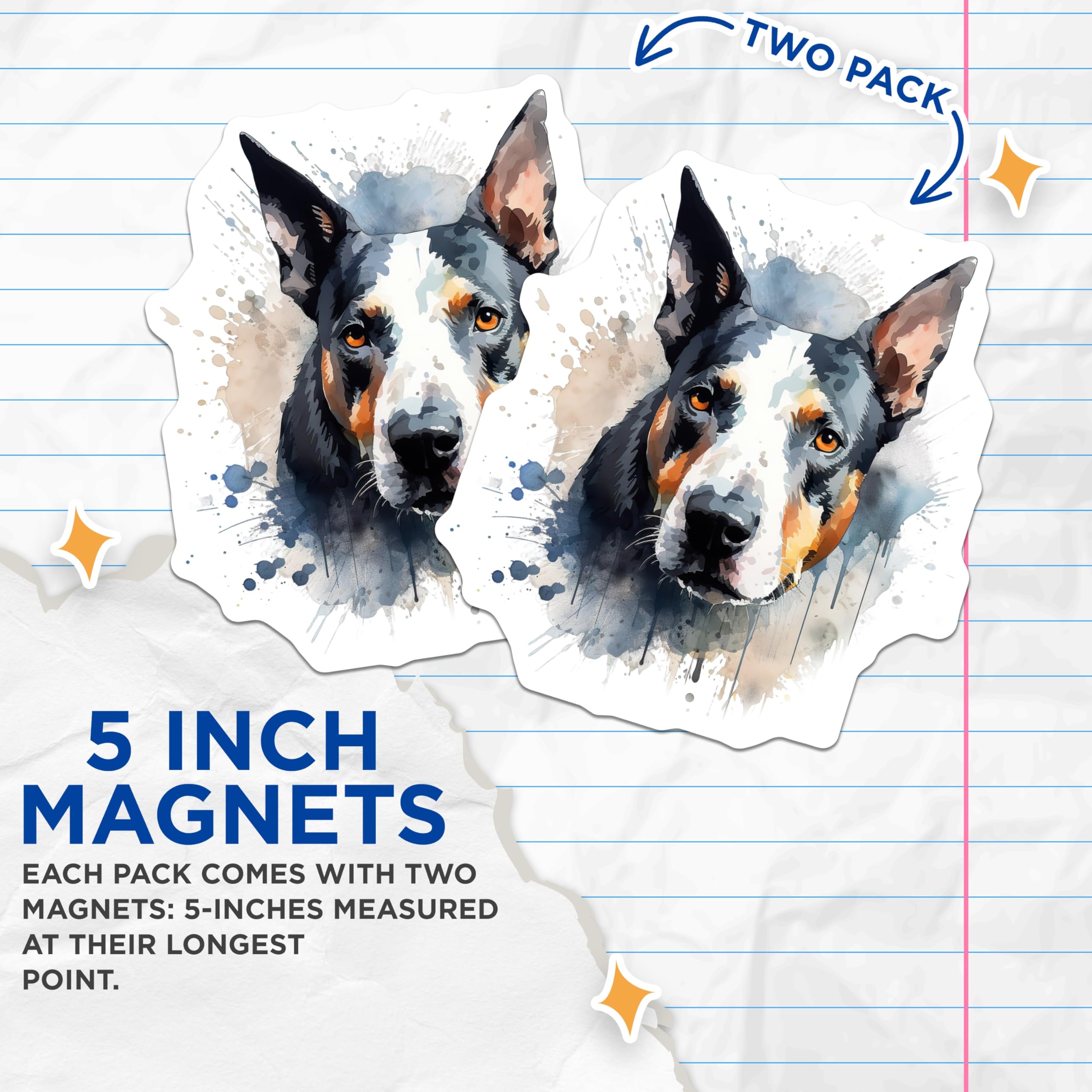 (2 Pack) Blue Heeler Magnets - Australian Cattle Dog Art - Watercolor Pet Decor - 5 Inches On Longest Side - Thick Durable Magnet - Made in USA - MAG23278