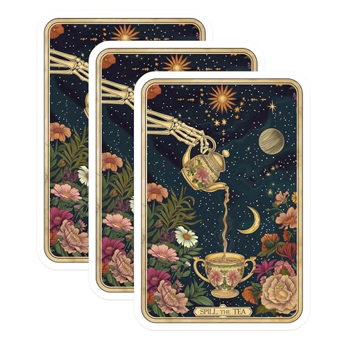 (3 Pack) Spill The Tea Decals - Tarot Card Decal - Celestial Laptop Decal - 3 Inches On Longest Side - Easy Peel & Apply - Made in USA - 3MCS4089