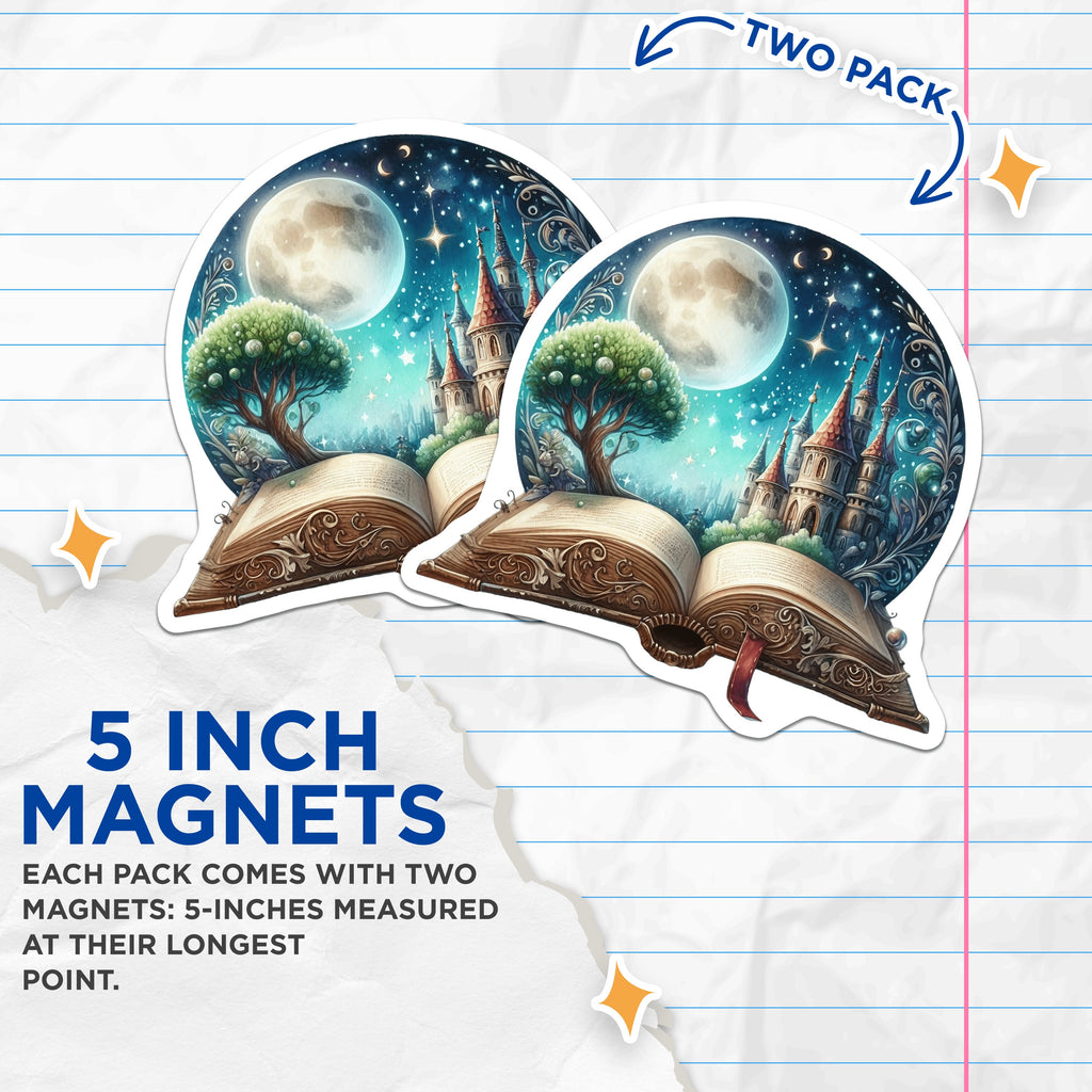 (2 Pack) Enchanted Storybook Magnets - Fantasy Castle Art - Moon Tree Whimsical Decor - 5 Inches On Longest Side - Thick Durable Magnet - Made in USA - MAG38602