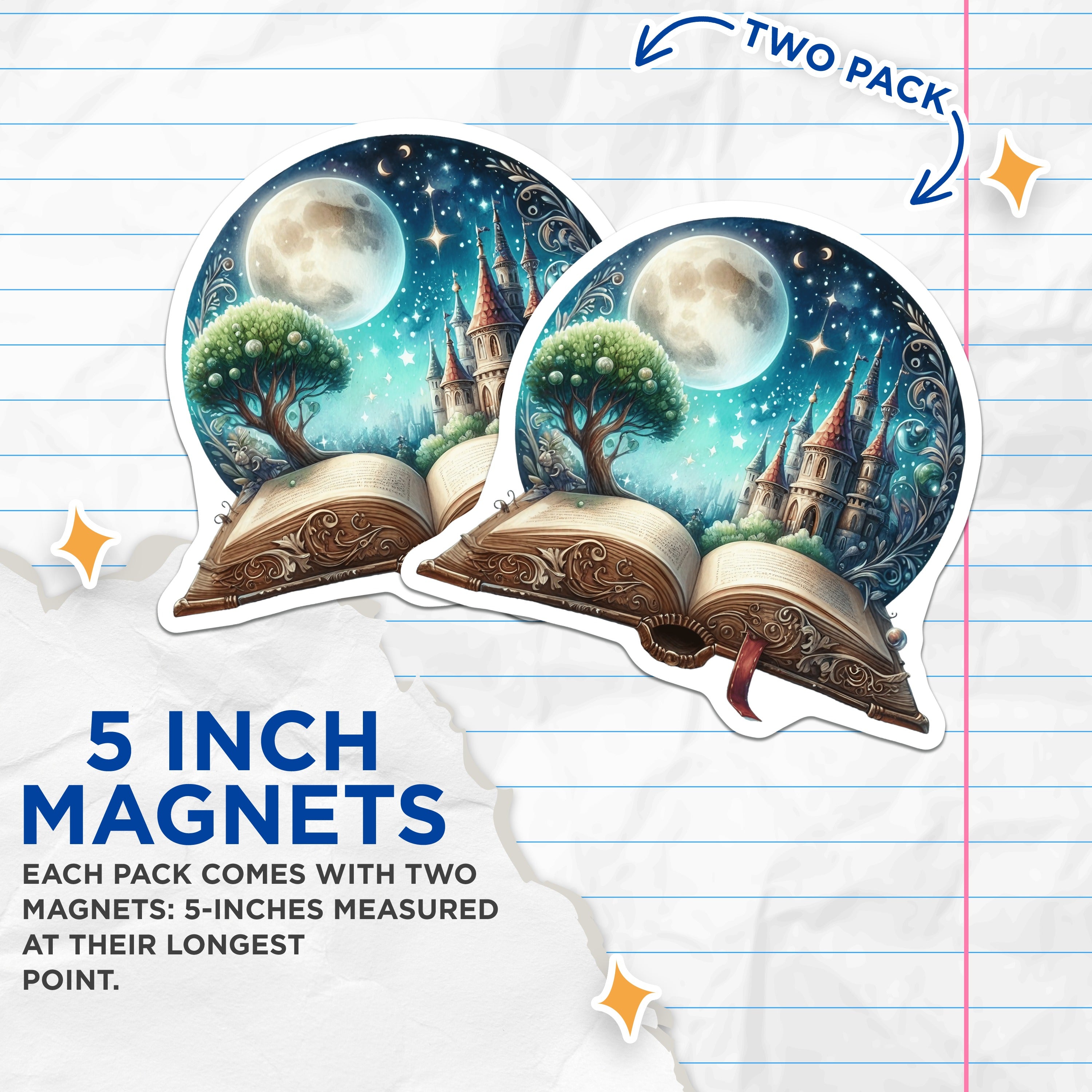 (2 Pack) Enchanted Storybook Magnets - Fantasy Castle Art - Moon Tree Whimsical Decor - 5 Inches On Longest Side - Thick Durable Magnet - Made in USA - MAG38602